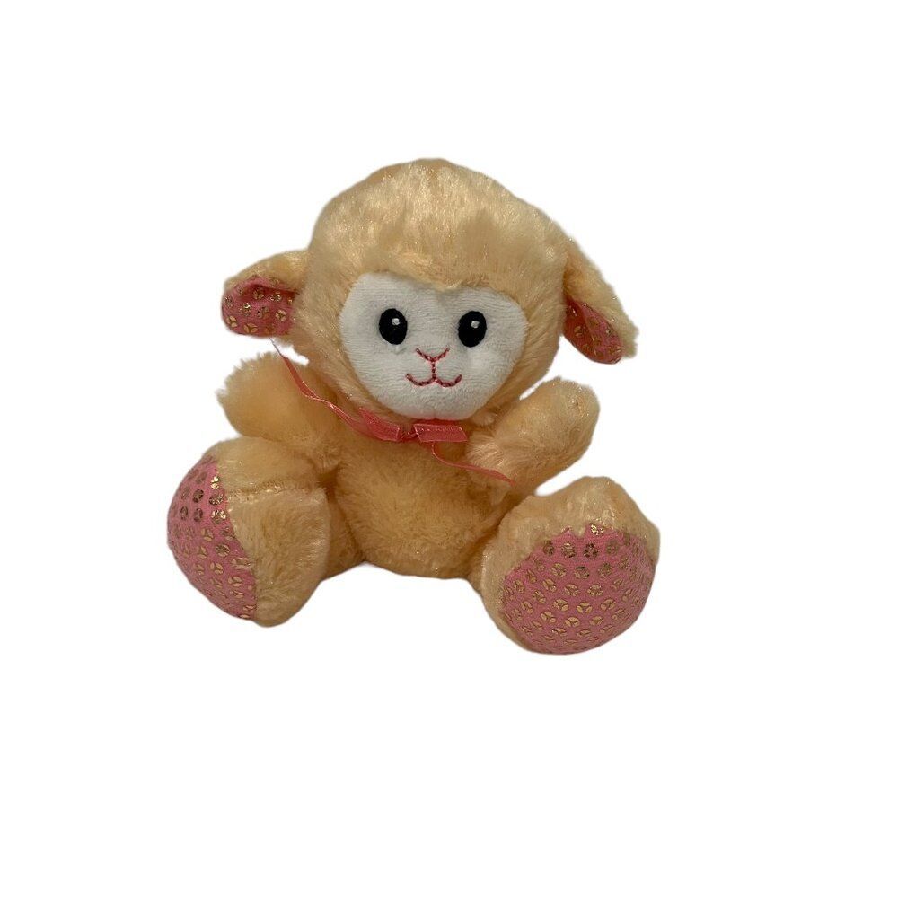 Greenbrier Tan Lamb Pink Sequin Feet Sheer Ribbon Bow Plush 5" Stuffed Animal